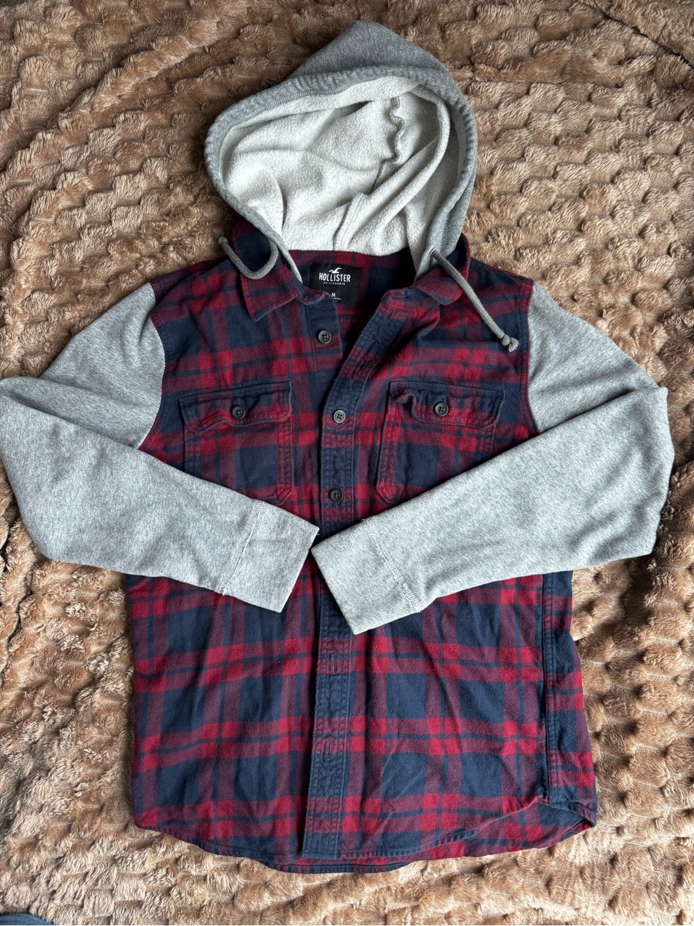 Hollister Women’s Red & Navy Plaid Hooded Flannel Shirt Jacket